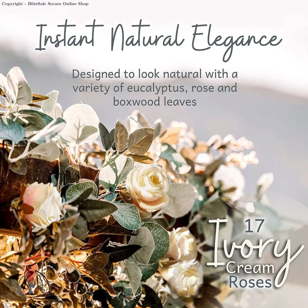 6 Pack Artificial Eucalyptus Garland with‎ 17 Ivory Cream Roses - Wedding Floral
